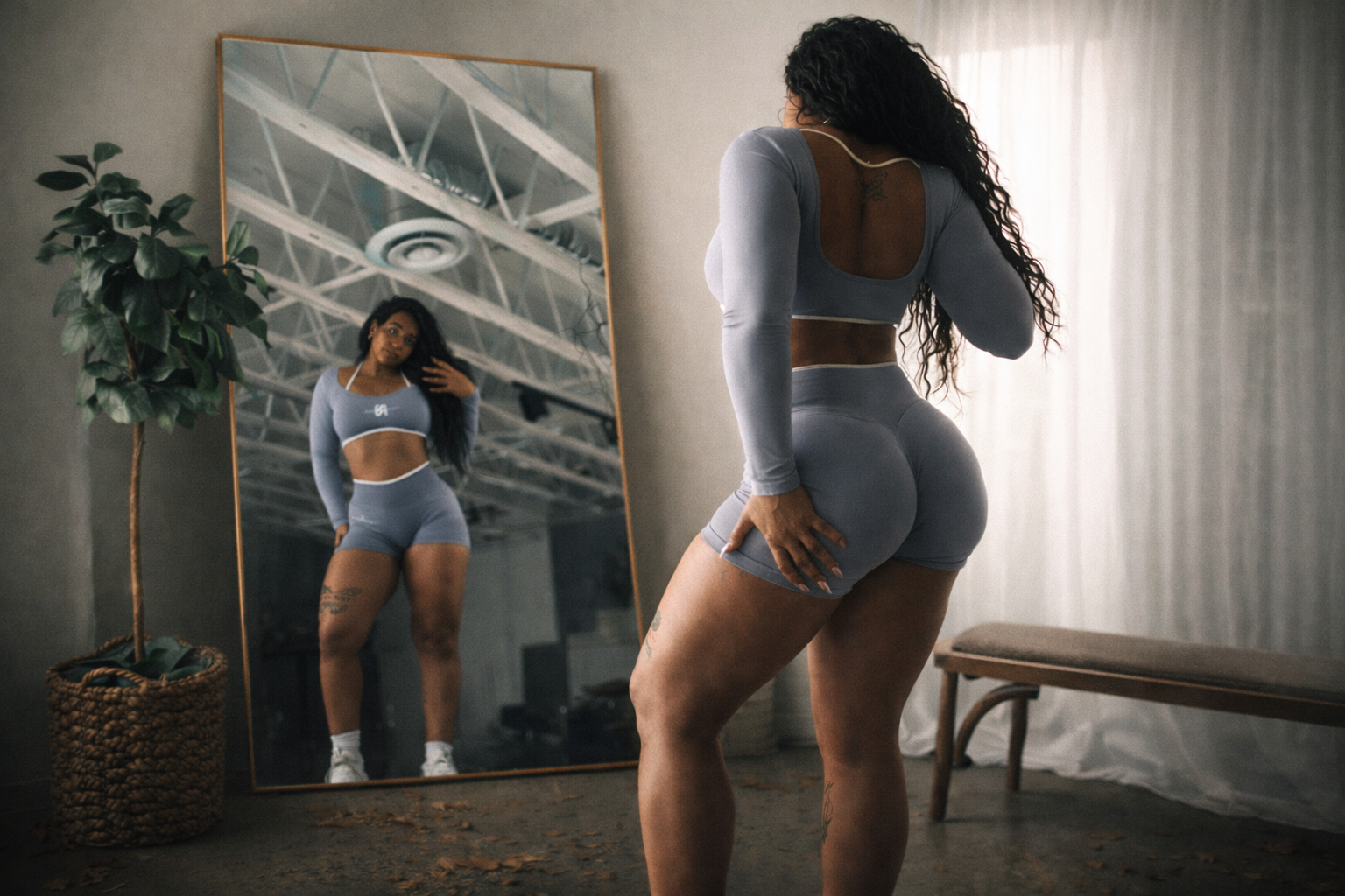 Woman in a gray athletic outfit standing in front of a mirror in a room with a plant and bench.