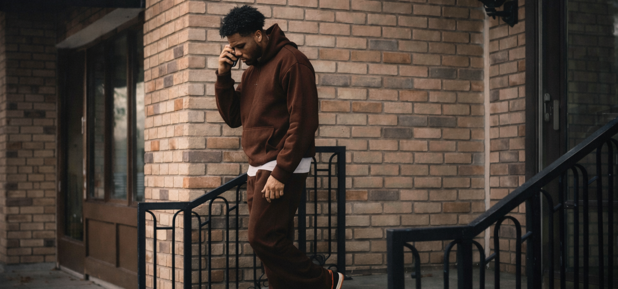 Person in a brown jacket and pants standing on a staircase in front of a brick building with 'Featherblade' sign.
