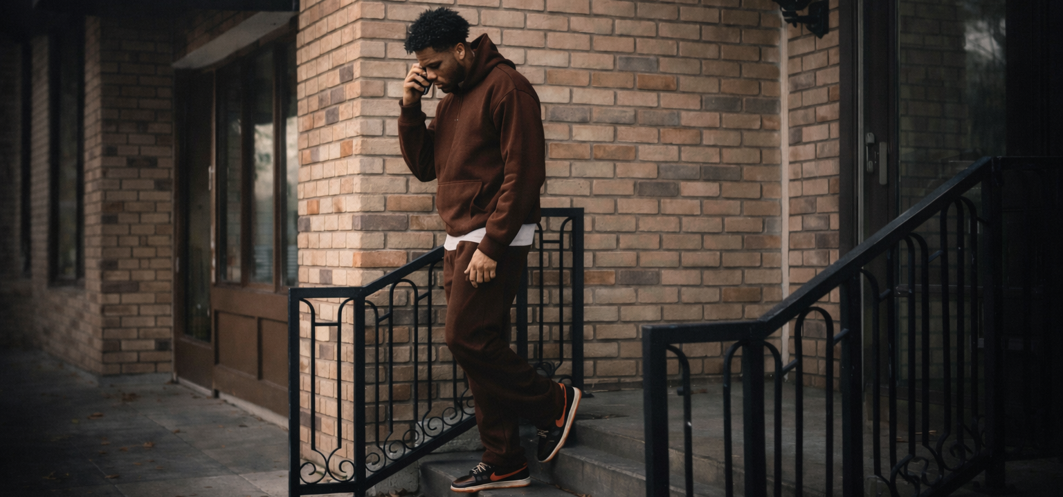 Person in a brown jacket and pants standing on a staircase in front of a brick building with 'Featherblade' sign.